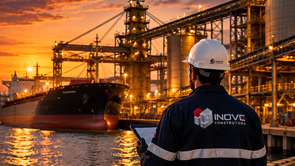 Profissional de uniforme INOVE observando um terminal portuário ao entardecer, com navio atracado e estruturas de carregamento.