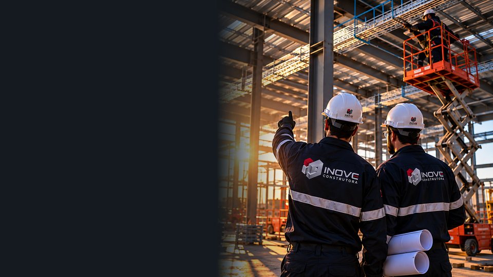 Dois profissionais da INOVE apontando para estrutura metálica em obra, com plataforma elevatória e eletrocalhas.