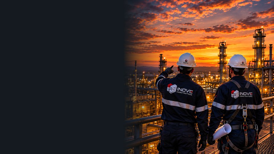 Dois profissionais da INOVE, com capacete e cinto de segurança, observando uma planta industrial ao entardecer.