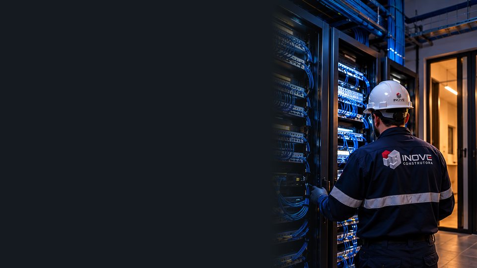 Técnico da INOVE, de capacete, trabalhando em racks de rede com cabeamento azul organizado.