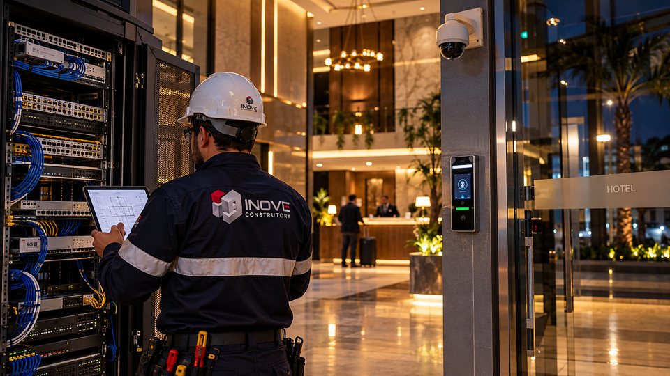 Profissional de uniforme INOVE diante de rack de rede no saguão de um hotel, ao lado de leitor de acesso facial e câmera de segurança.