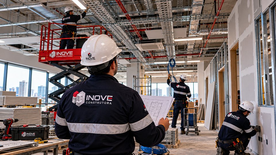 Profissional de uniforme INOVE com prancheta em área administrativa em reforma, com paredes de drywall, eletrocalhas e plataforma tesoura.